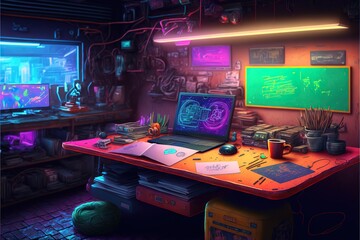 neon sci-fi creative workspace