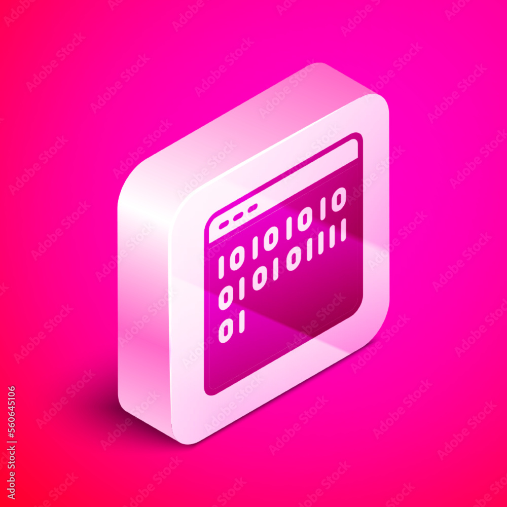 Poster isometric binary code icon isolated on pink background. silver square button. vector