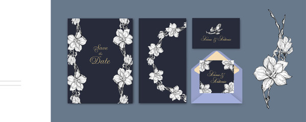 set of postcards and invitations with graphic Magnolia flowers