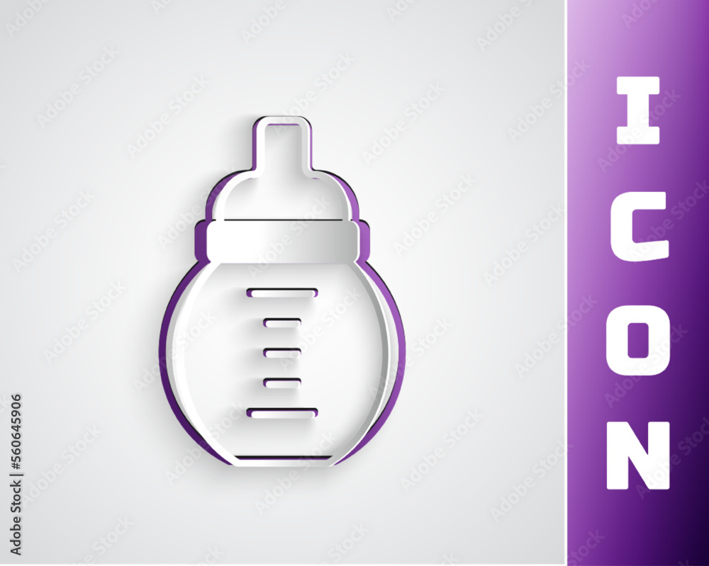 Sticker paper cut baby milk in a bottle icon isolated on grey background. feeding bottle icon. paper art sty