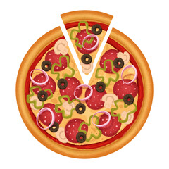 pizza with smoked sausage sweet peppers olives and mushrooms and a slice of pizza