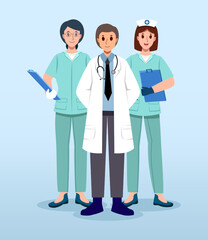 Medical Team . Doctors and nurse assistant . Cartoon characters . Vector .