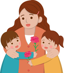 Mother and daughter with son cartoon character illustration, mothers day elements