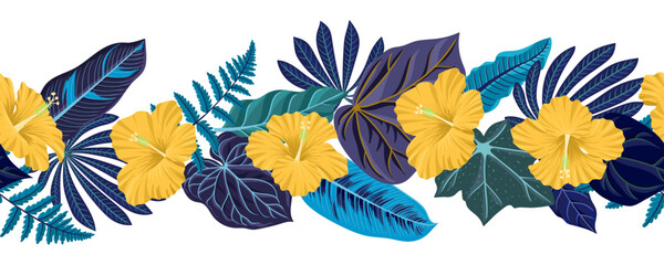 vector drawing green tropical leaves and orange hibiscus flowers, floral seamless border, exotic natural pattern at white background , hand drawn illustration