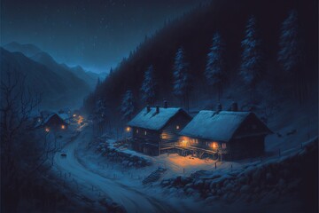 Night northern town, winter village