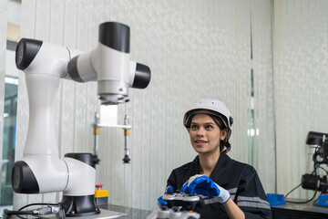 Female engineer control autonomous mobile robot or AMR in the manufacturing automation and robotics academy room. Woman engineer training or maintenance AI robot