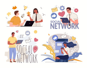 Life of people in social networks: work, education, communication, business, shopping, entertainment. Conceptual set of vector characters flat cartoon illustrations.