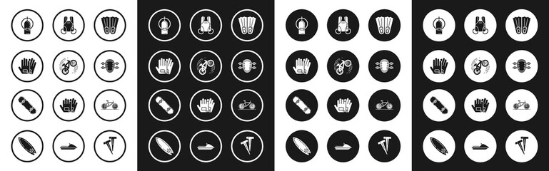 Set Rubber flippers for swimming, Bicycle trick, Gloves, Aqualung, Knee pads, Parachute, and Skateboard icon. Vector © Oksana