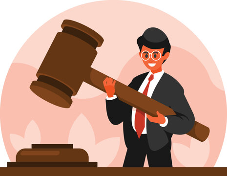 Court Worker Concept. Man Hits With Hammer, Concept For Law And Adoption Of Judicial Decision. Lawyer Holding Big Gavel. Attorney Executing Justice. Vector Graphics