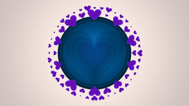 Big blue romantic heart and small purple hearts in circle, motion holidays, romantic and love style background