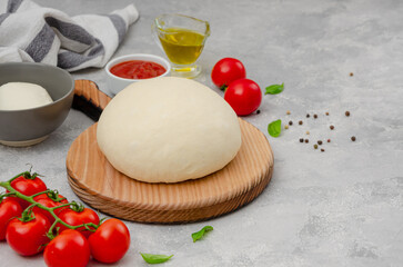 Fresh pizza dough with tomato sauce, mozzarella, tomatoes and basil leaves on a gray concrete background. Italian cuisine. Copy space.