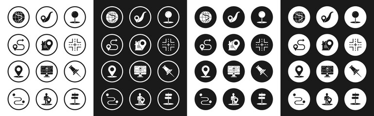 Set Push pin, Map pointer with house, Route location, Location the globe, Road traffic sign, and icon. Vector