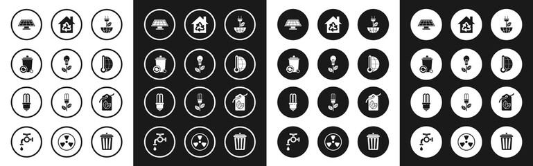 Set Electric saving plug in leaf, Light bulb with, Recycle bin recycle symbol, Solar energy panel, Meteorology thermometer measuring, Eco House recycling, Tag and LED light icon. Vector