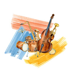Composition of drum kit, saxophone, contrabass and paint stroke watercolor illustration isolated. Jazz band, tambourine hand drawn. Design element for flyer, concert events, brochure, poster, print © Ekaterina Lanbina