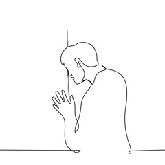 male peeking through a crack in a fence or a crack in a wall - one line drawing vector. concept spy or pervert