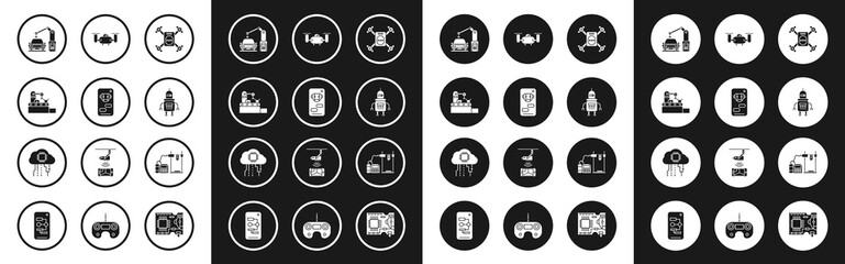 Set Drone flying with action camera, Bot, Factory conveyor system belt, Industrial machine robotic robot arm hand, Robot, 3D printer and Internet of things icon. Vector