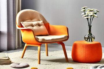 orange patone armchair in room, with carpet, table and vase Generative AI