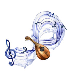 Treble clef, musical notes and mandolin watercolor illustration on white. String musical instruments, banjo hand drawn. Design for party flyer, concert events, brochure, festival poster, postcard.
