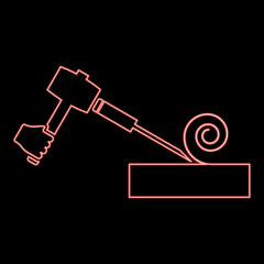 Neon wood hammer with chisel using treatment surface shavings use arm Woodworking tool Workshop planer red color vector illustration image flat style