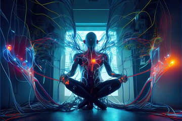 Human body meditating in Lotus pose against window AI