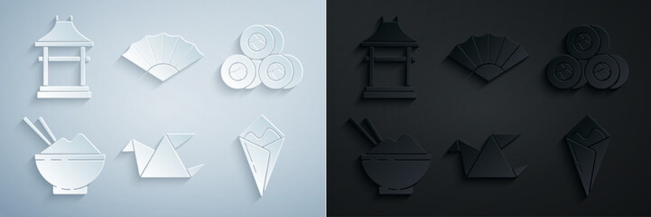 Set Origami bird, Sushi, Rice in bowl with chopstick, Temaki roll, Paper chinese or japanese folding fan and Japan Gate icon. Vector