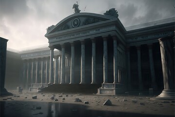 Obraz premium Ancient building with columns surrounded with debris AI