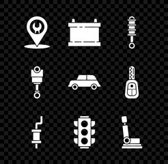 Set Car service, battery, Shock absorber, muffler, Traffic light, seat, Engine piston and icon. Vector