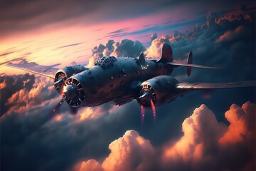 Fototapeta Giant military aircraft flies in sky above cumulus clouds AI obraz