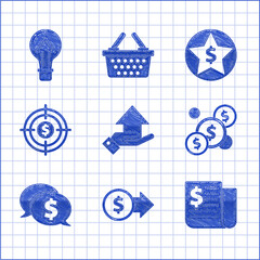 Set Money on hand, Coin money with dollar symbol, Financial news, Speech bubble, Target, Star and Light bulb icon. Vector