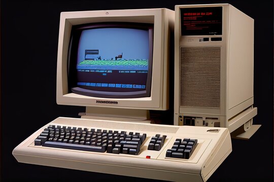 Old-fashioned monitor with system unit and keyboard AI