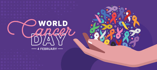 World Cancer Day - hand hold circle globe with set of ribbons of different colors against cancer sign on purple background vector design