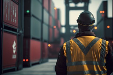 Docker with a yellow safety jacket and helmet in a port . Blurry container in the back. View from behind. Generated AI illustration.