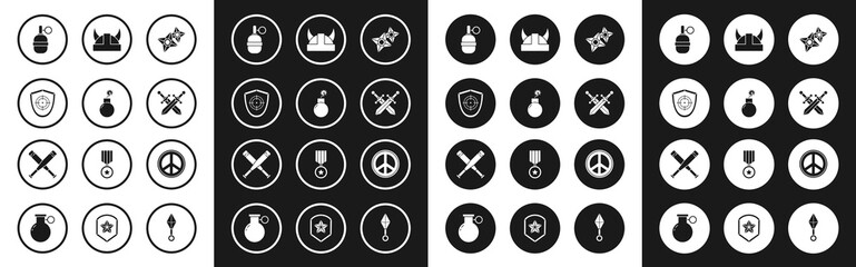Set Japanese ninja shuriken, Bomb ready to explode, Target sport, Hand grenade, Crossed medieval sword, Viking horned helmet, Peace and baseball bat icon. Vector