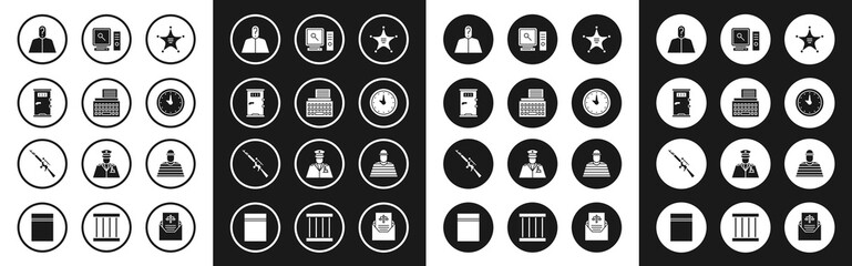 Set Hexagram sheriff, Retro typewriter, Prison cell door, Anonymous with question mark, Clock, Search computer screen, Prisoner and Sniper rifle scope icon. Vector