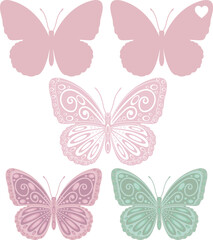 Cute Butterflies boho style on white background