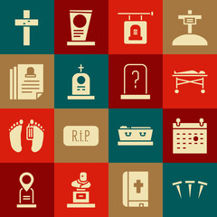 Set Metallic nails, Calendar death, Dead body in the morgue, Signboard tombstone, Grave with, Death certificate, Christian cross and icon. Vector