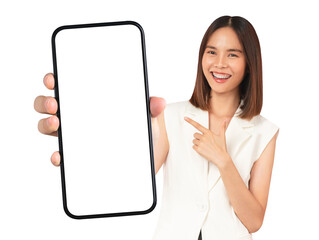 Obraz premium Beautiful Asian woman holding smartphone mockup of blank screen and smiling on screen background, PNG transparent.