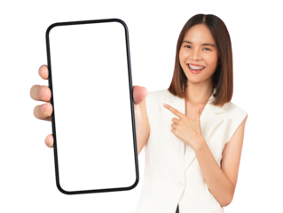 Beautiful Asian woman holding smartphone mockup of blank screen and smiling on screen background, PNG transparent.