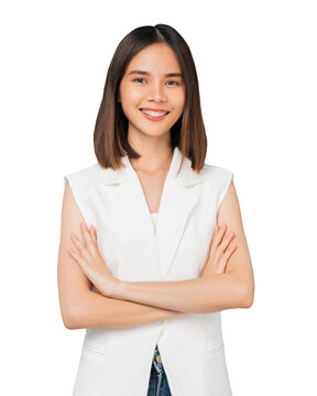 Studio shot of cheerful beautiful Asian woman in t-shirt and stand with smile on screen background, PNG transparent.