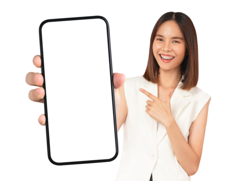 Beautiful Asian woman holding smartphone mockup of blank screen and smiling on screen background, PNG transparent. - Powered by Adobe