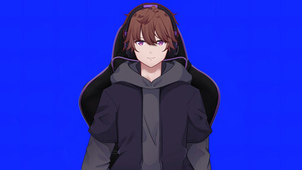 Male anime vtuber in gaming chair on blue screen looking into camera