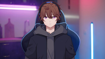 Male vtuber with headphones on gaming chair in kitchen streaming online