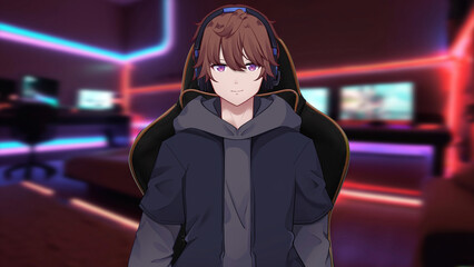 Anime gamer boy vtuber from neon lights cyberspace room streaming online
