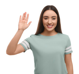 Happy woman giving high five on white background