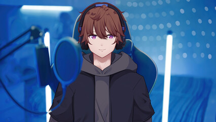 Anime vtuber gamer streaming online from cyberspace bedroom