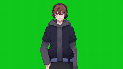 Male vtuber with headphones talking to camera web streaming on green screen
