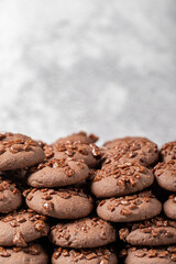 Chocolate and cocoa cookies. Fresh chocolate chip cookies. Bakery products. close up