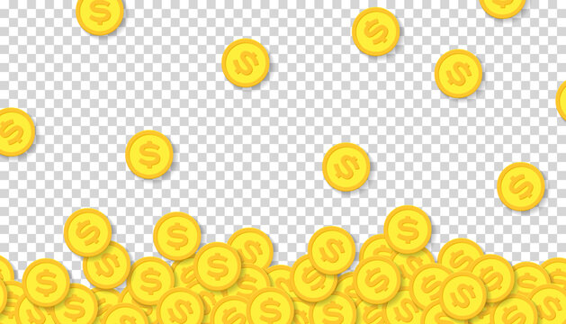 Many dollars coins in flat style on transparent background. Business objects. Make money. Vector design element for you projects