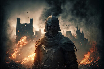 medieval soldier in front of a burning city