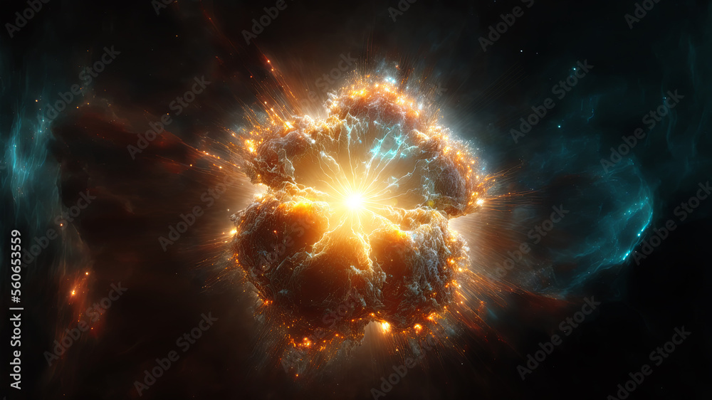 Poster view of the birth of a star in space during a nebula explosion. nuclear fusion of cosmic clouds of g